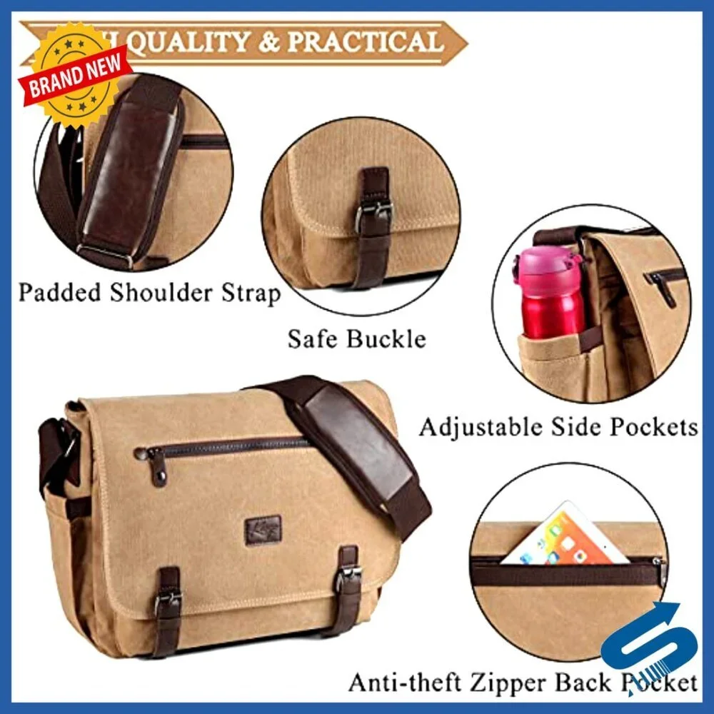 Vintage Canvas Messenger Bag Water Resistant Laptop Satchel Work School College